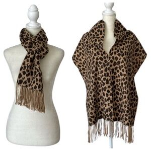 Fringed Leopard Print Cashmere Wrap Animal Print Shawl Winter Scarf One Size